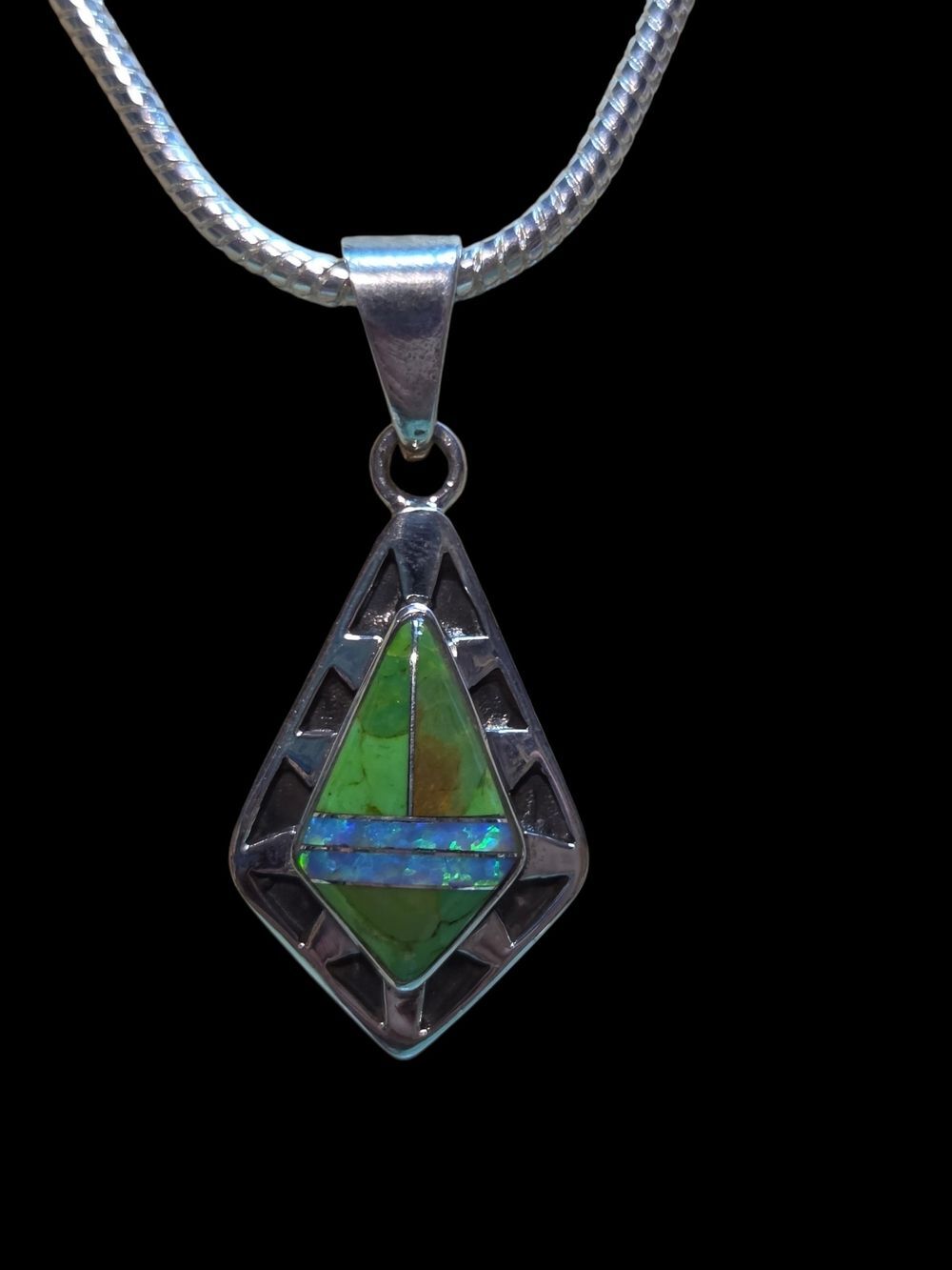 Sterling Silver Green Turquoise Opal Geometric Inlay Pendant